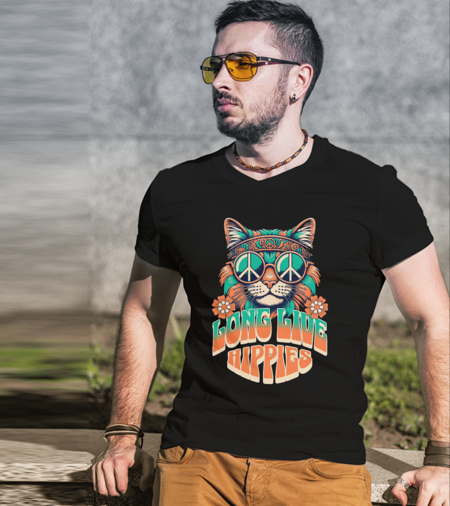 Long Live Hippies Cat With Peace Sign Glasses And Flowers T-Shirt