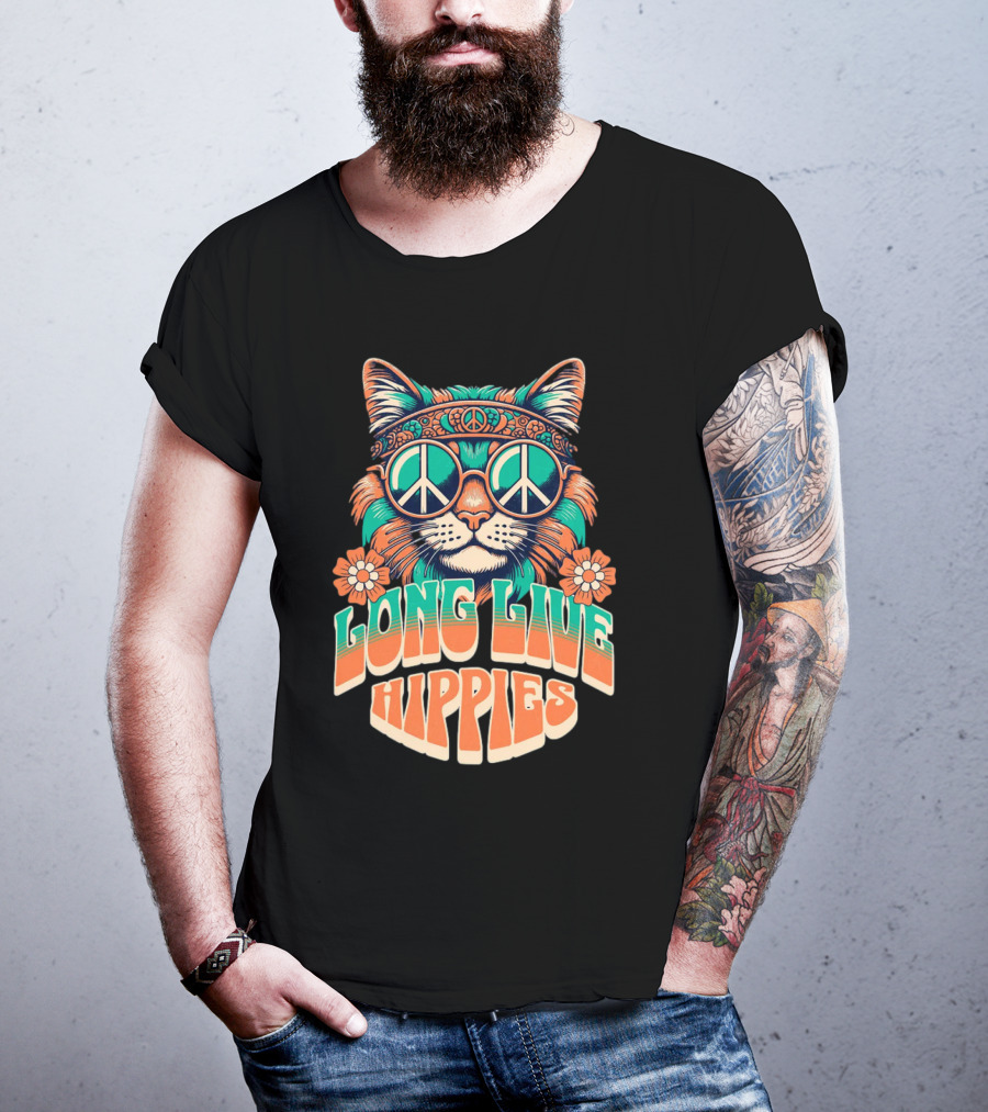 Long Live Hippies Cat With Peace Sign Glasses And Flowers T-Shirt