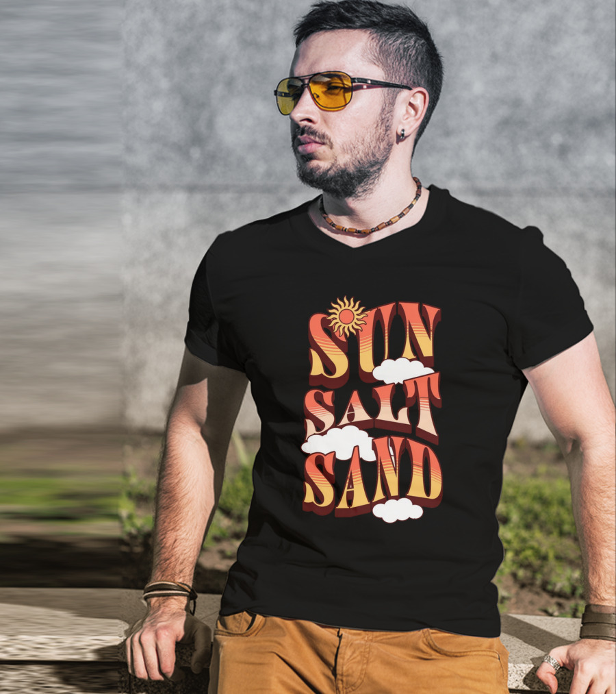 Sun Salt Sand Retro Hippie Vibes With Sun And Clouds T-Shirt