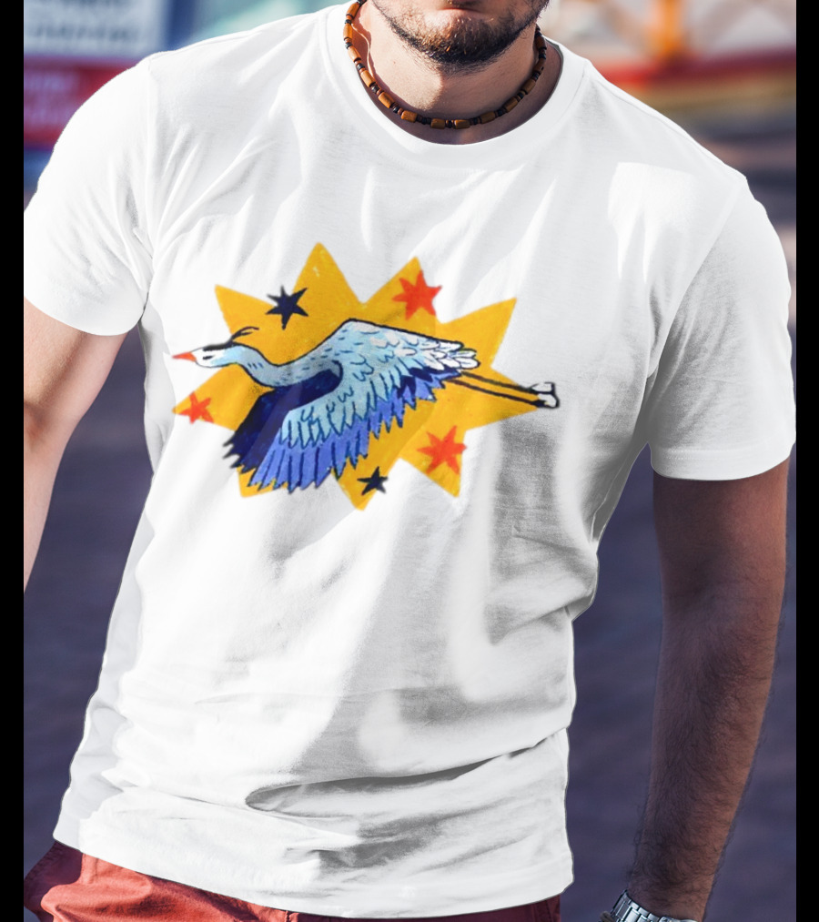 Grey Heron Flying Against Starry Yellow Burst T-Shirt