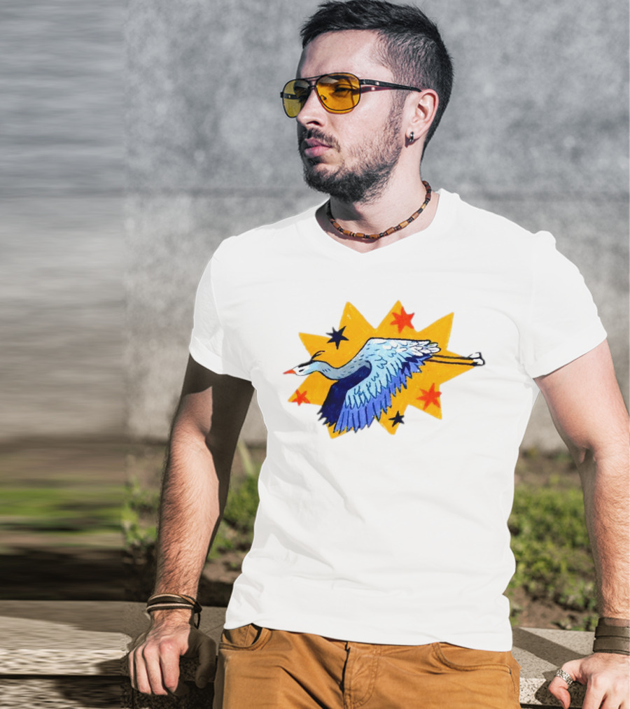 Grey Heron Flying Against Starry Yellow Burst T-Shirt
