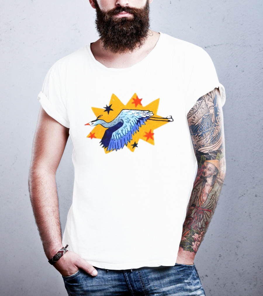 Grey Heron Flying Against Starry Yellow Burst T-Shirt