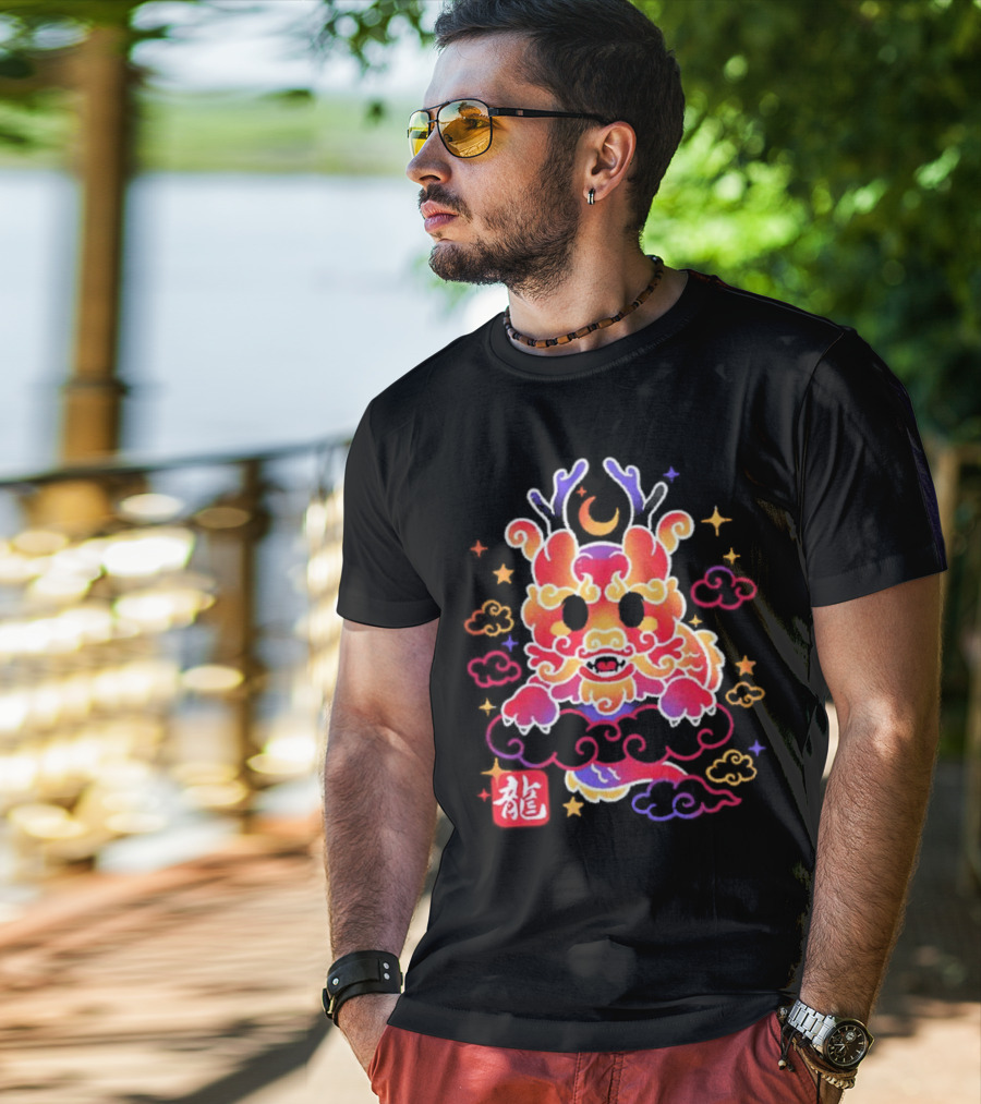 Kawaii Chinese Dragon With Colorful Clouds And Stars Asian Aesthetic T-Shirt