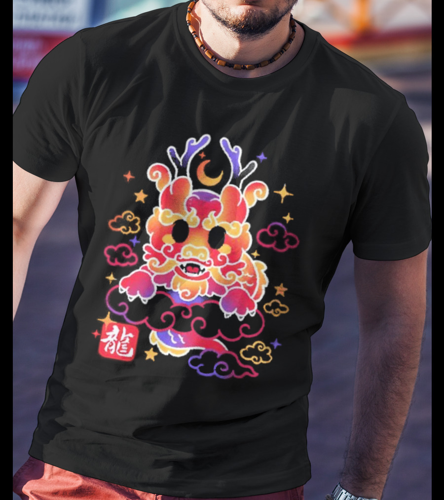 Kawaii Chinese Dragon With Colorful Clouds And Stars Asian Aesthetic T-Shirt