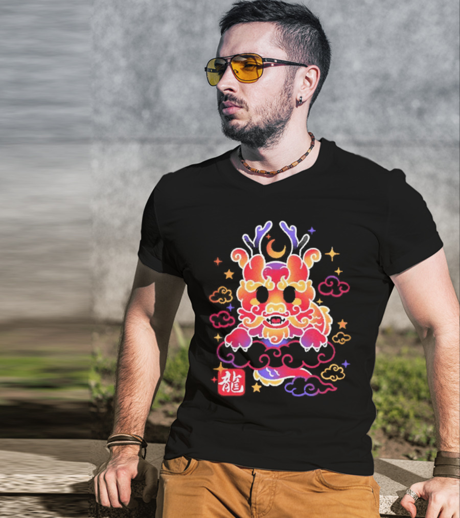 Kawaii Chinese Dragon With Colorful Clouds And Stars Asian Aesthetic T-Shirt