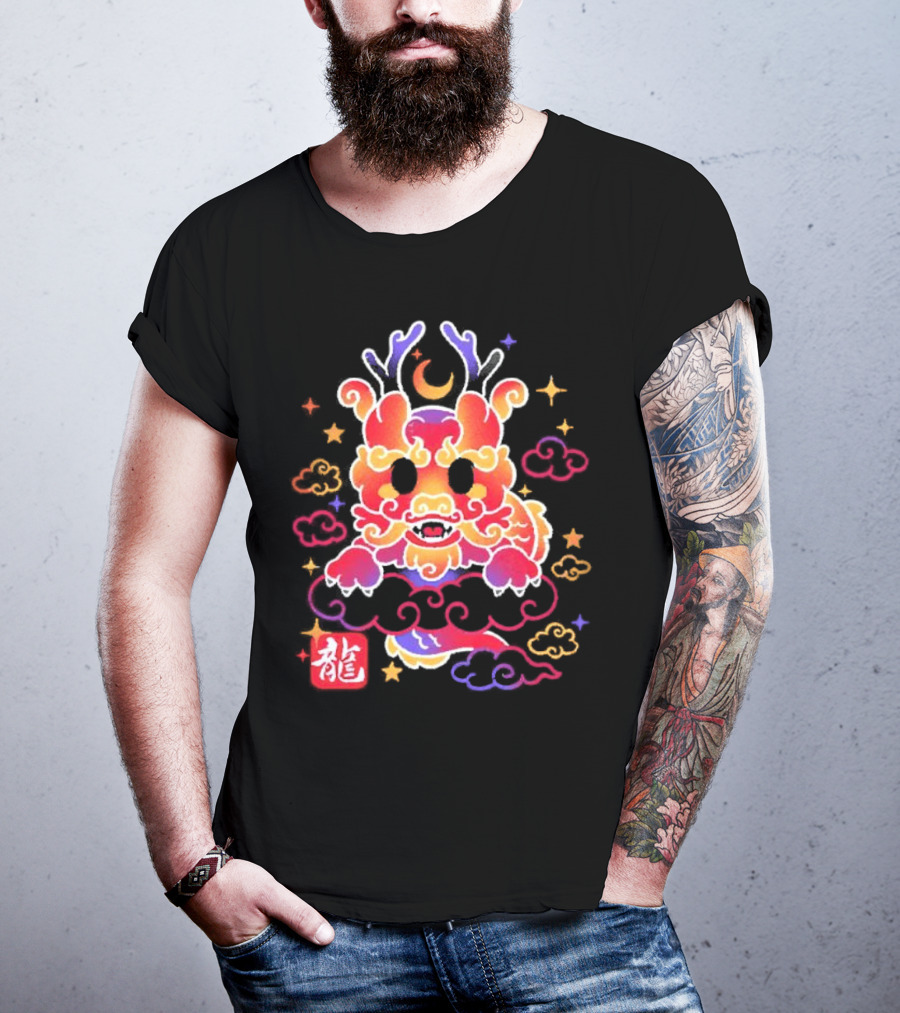Kawaii Chinese Dragon With Colorful Clouds And Stars Asian Aesthetic T-Shirt