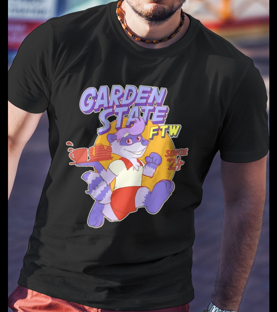 Garden State FTW Since 24 Cartoon Raccoon Serving Pancakes T-Shirt