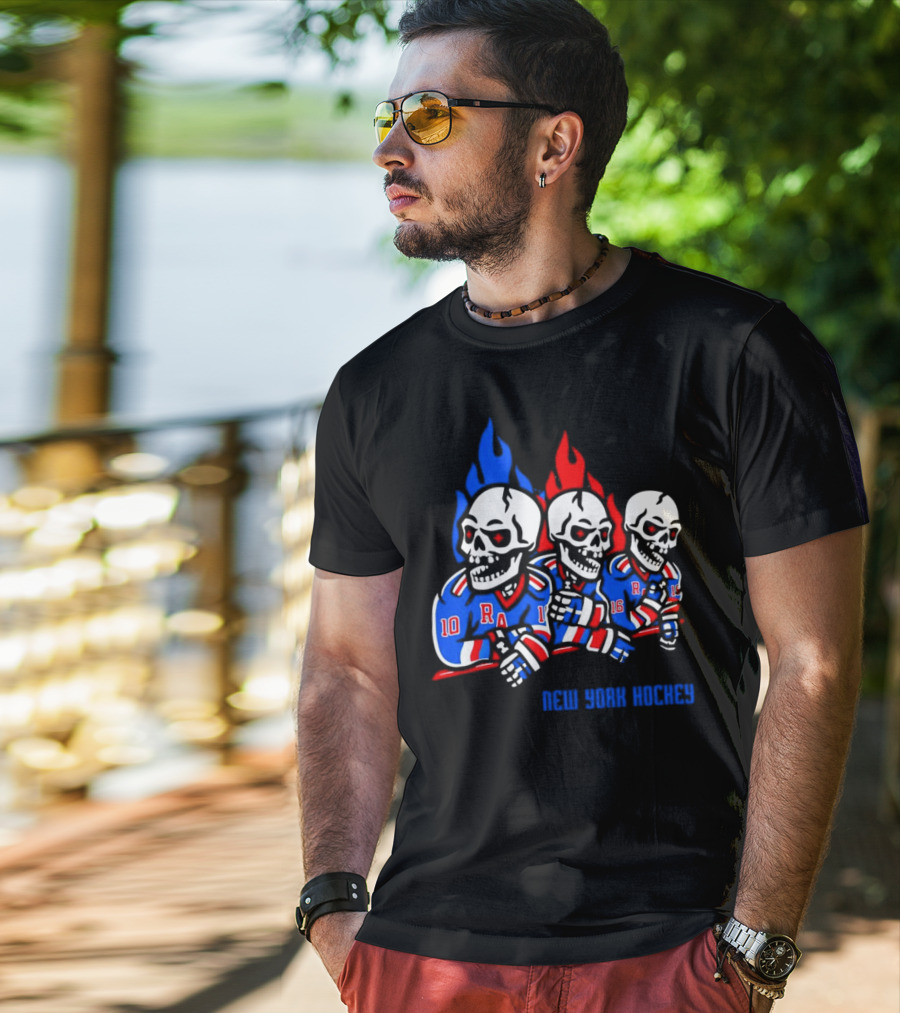 New York Rangers Skeleton Hockey Flames T-Shirt