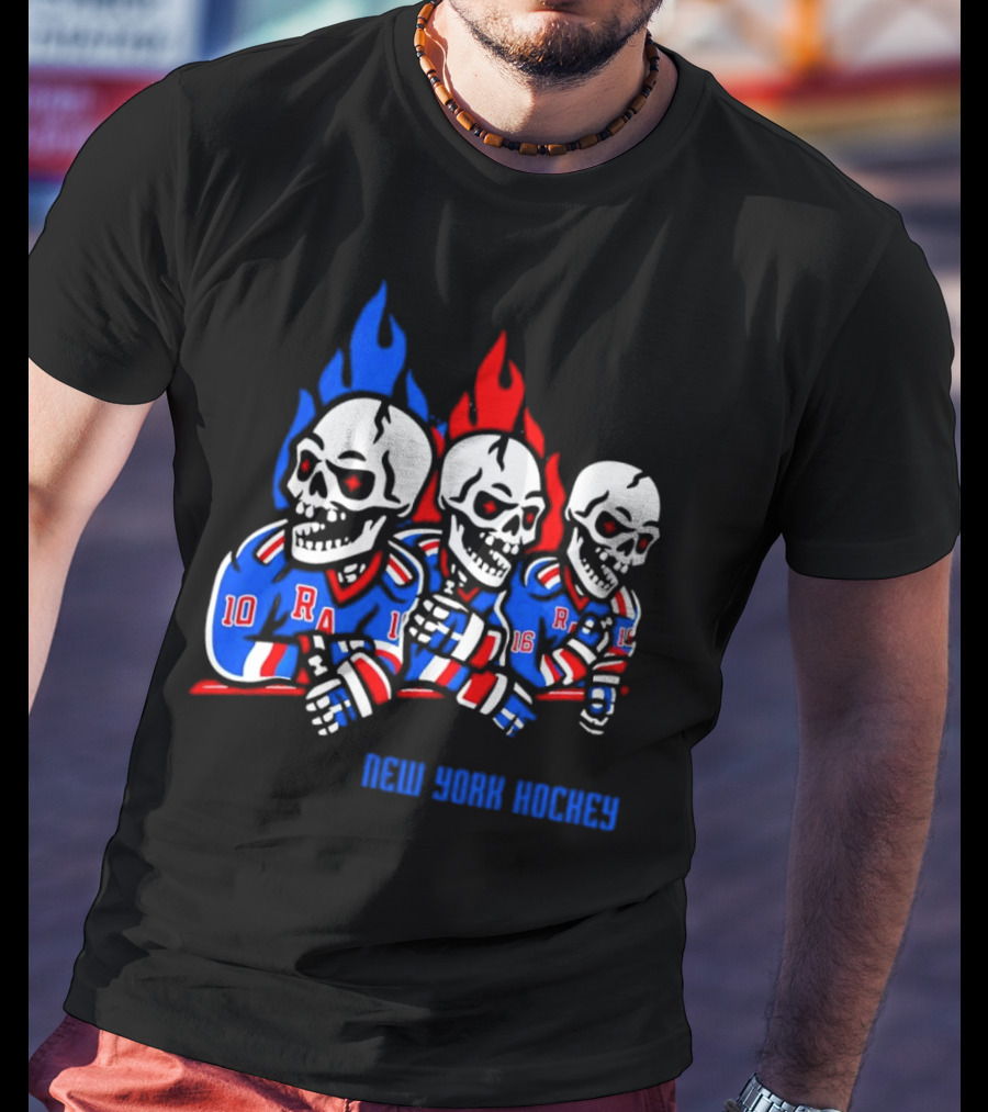 New York Rangers Skeleton Hockey Flames T-Shirt