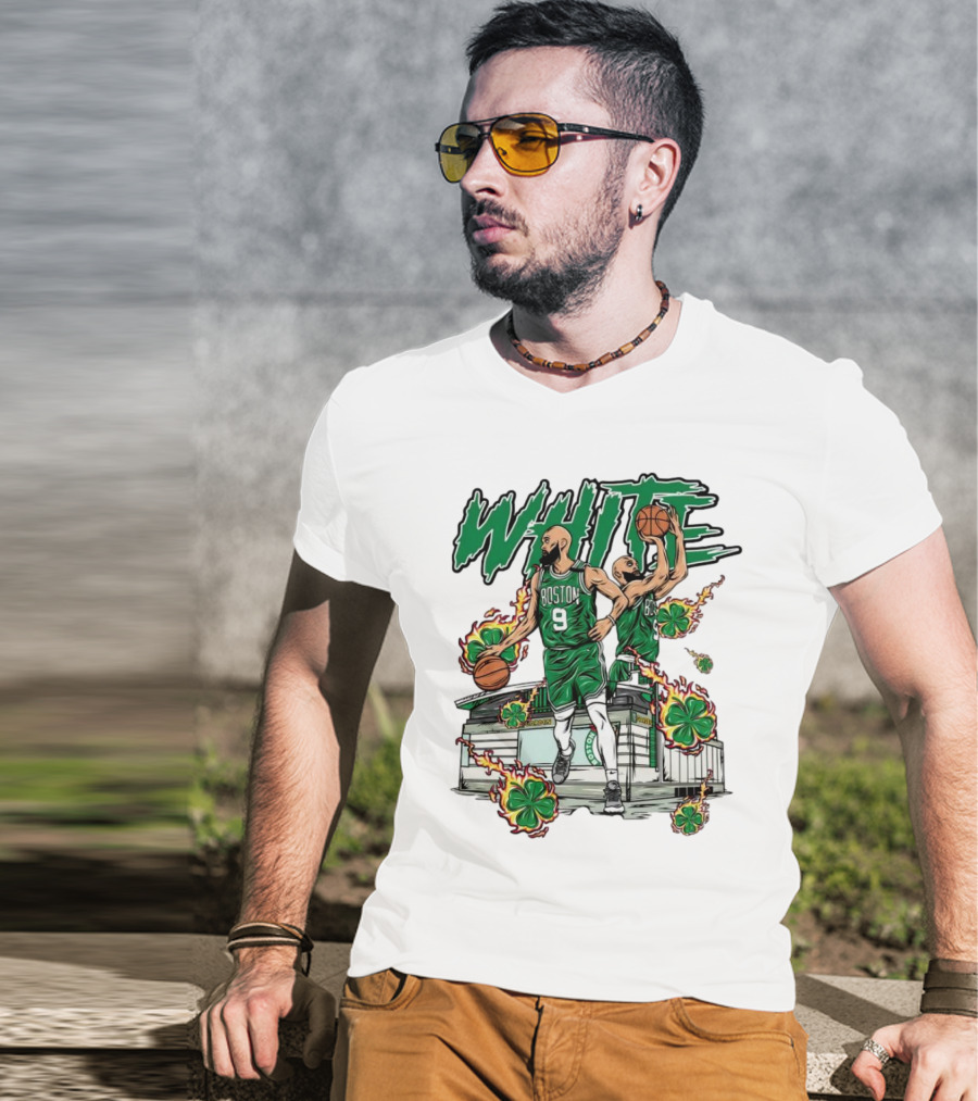 Boston Celtics White 9 Basketball Player With Shamrocks And Basketball Court T-Shirt