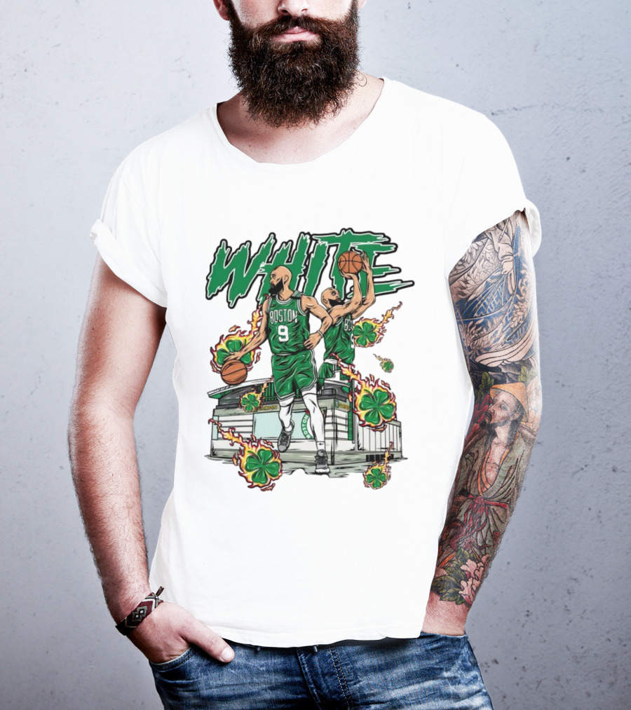 Boston Celtics White 9 Basketball Player With Shamrocks And Basketball Court T-Shirt