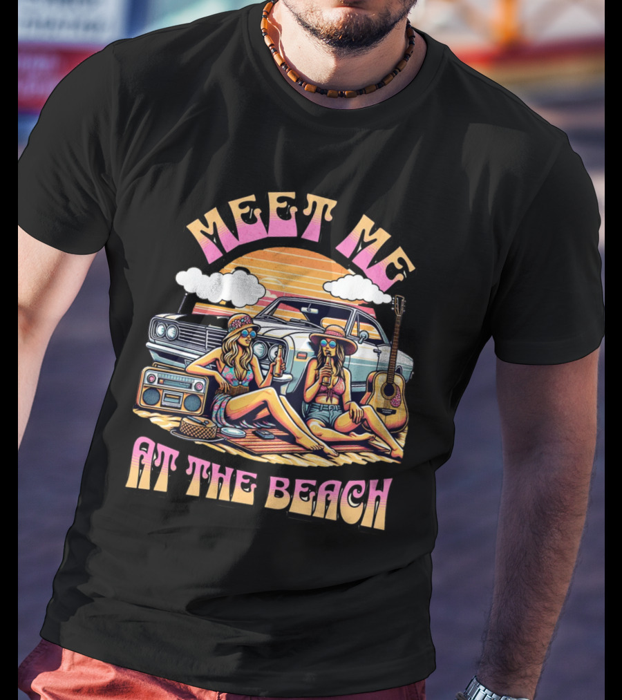 Meet Me At The Beach Sunset Paradise With Classic Car And Guitar T-Shirt