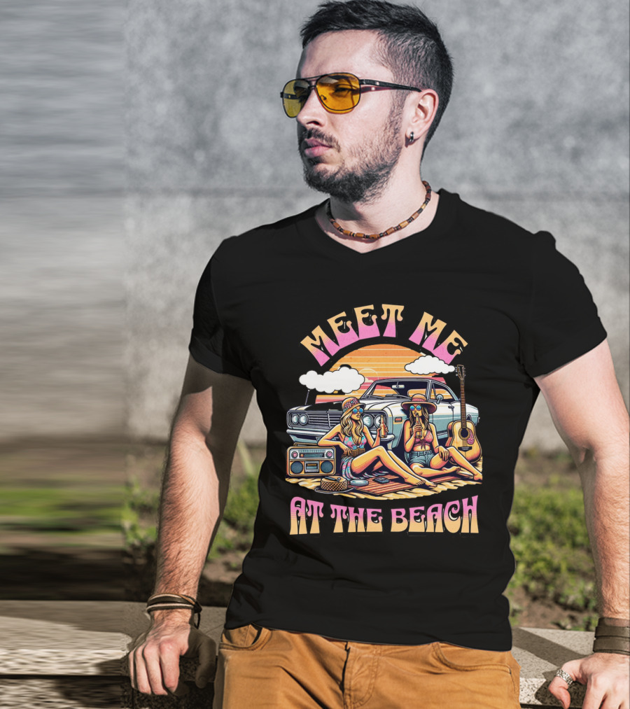 Meet Me At The Beach Sunset Paradise With Classic Car And Guitar T-Shirt