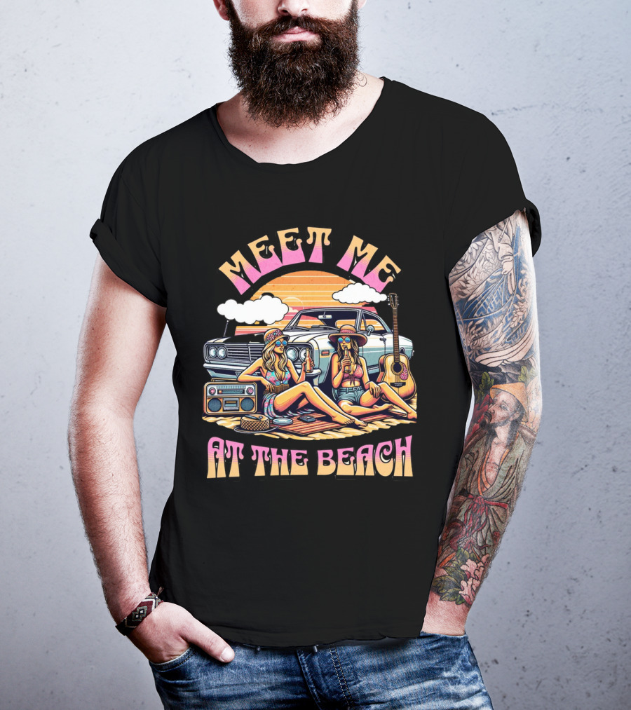 Meet Me At The Beach Sunset Paradise With Classic Car And Guitar T-Shirt