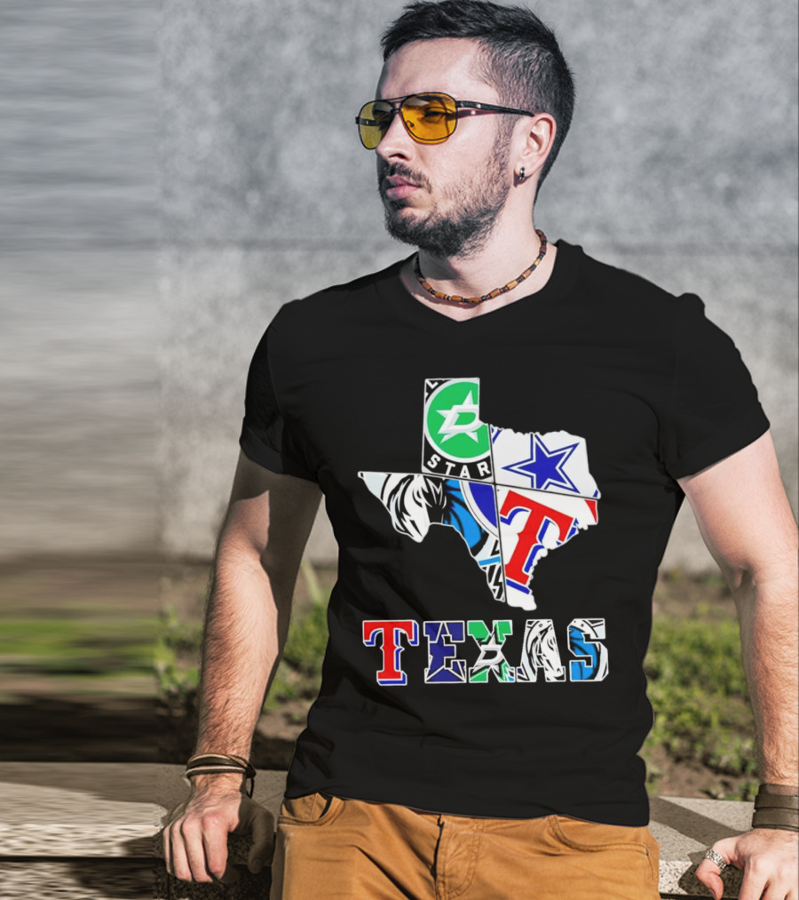 Dallas Hockey Cowboys Rangers Mavericks Texas Map T-Shirt