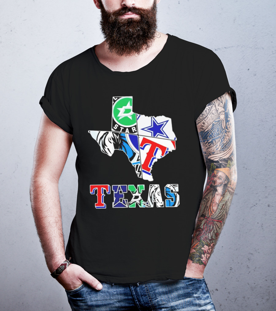Dallas Hockey Cowboys Rangers Mavericks Texas Map T-Shirt