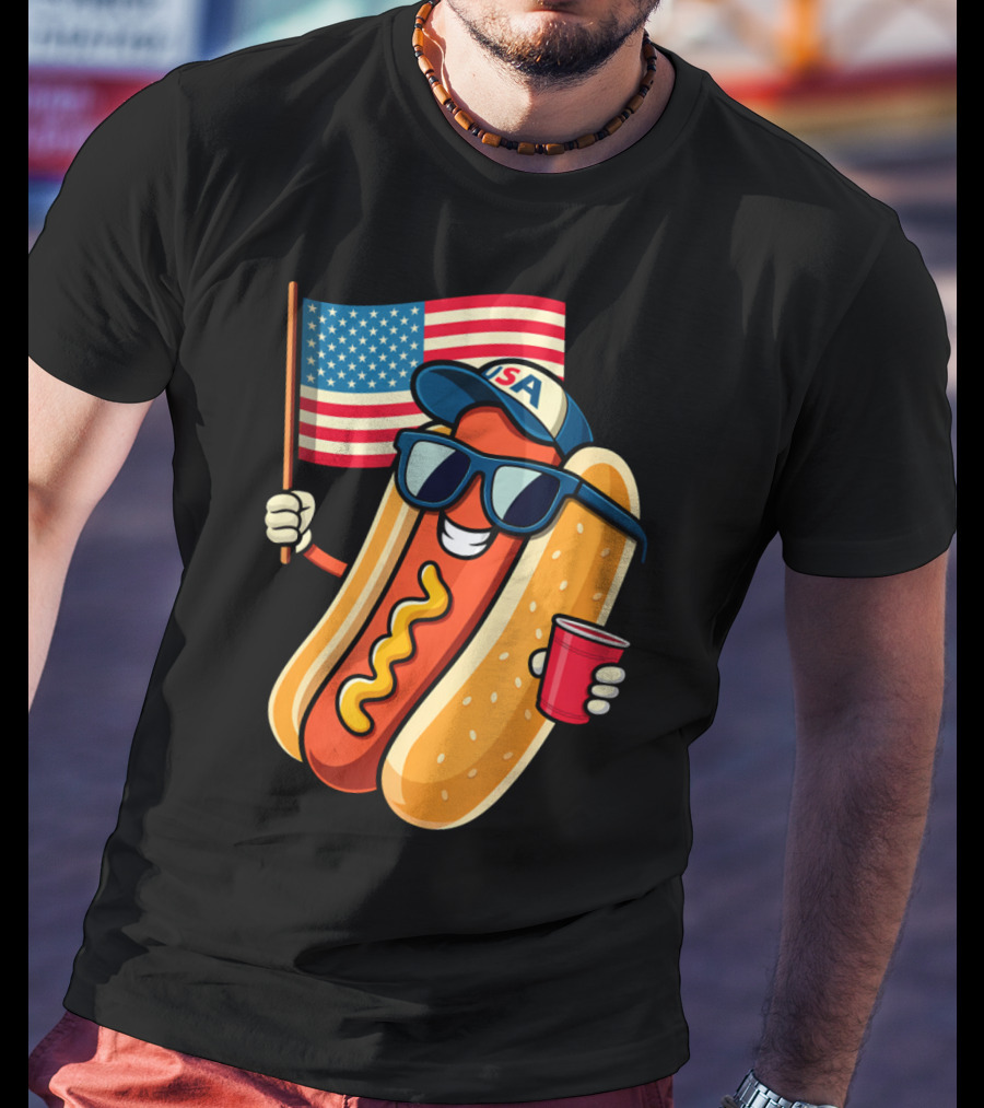 Fourth Of July USA Hotdog With American Flag And Sunglasses T-Shirt