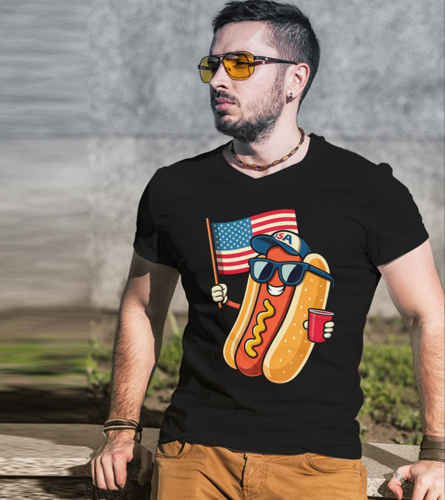 Fourth Of July USA Hotdog With American Flag And Sunglasses T-Shirt