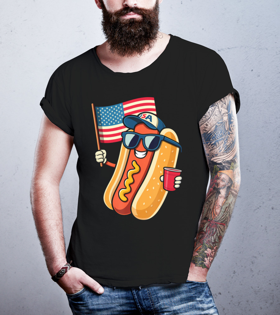 Fourth Of July USA Hotdog With American Flag And Sunglasses T-Shirt