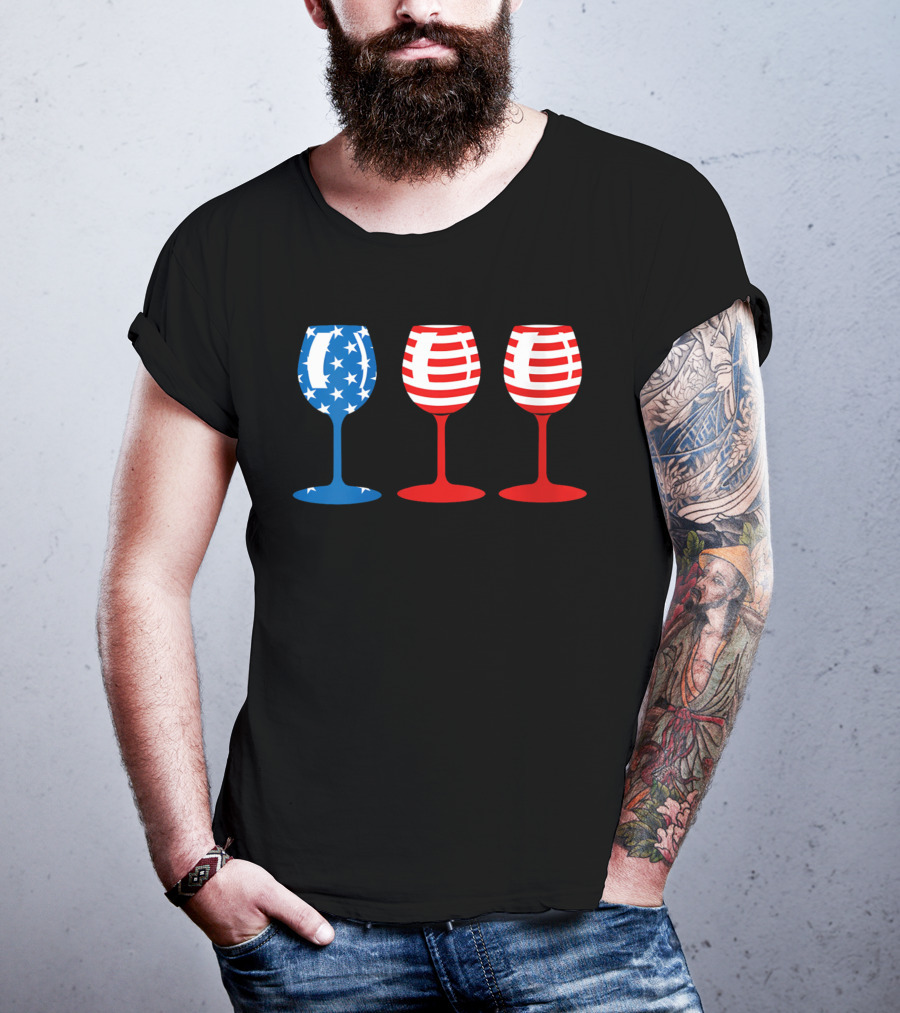 American Flag Fourth Of July Wine Glass Trio Stars And Stripes Patriotic T-Shirt