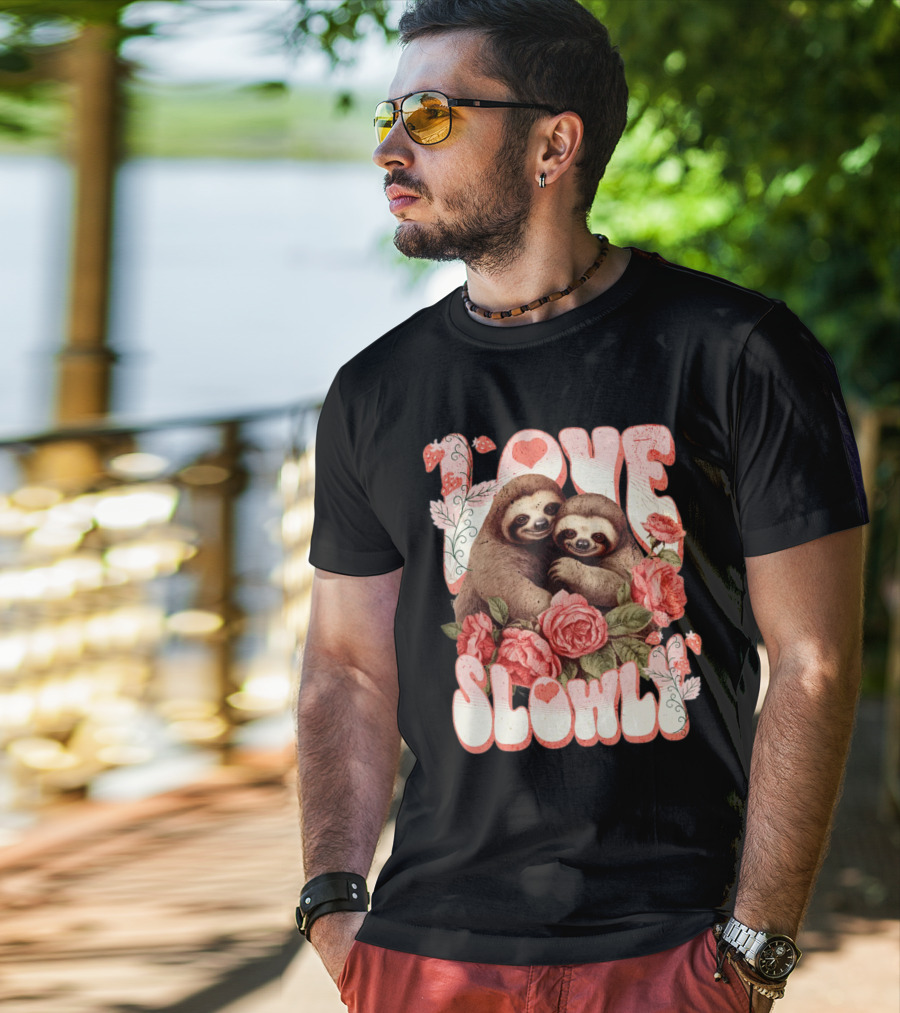 Love Slowly Sloth Couple Romance Valentine Heart Roses T-Shirt