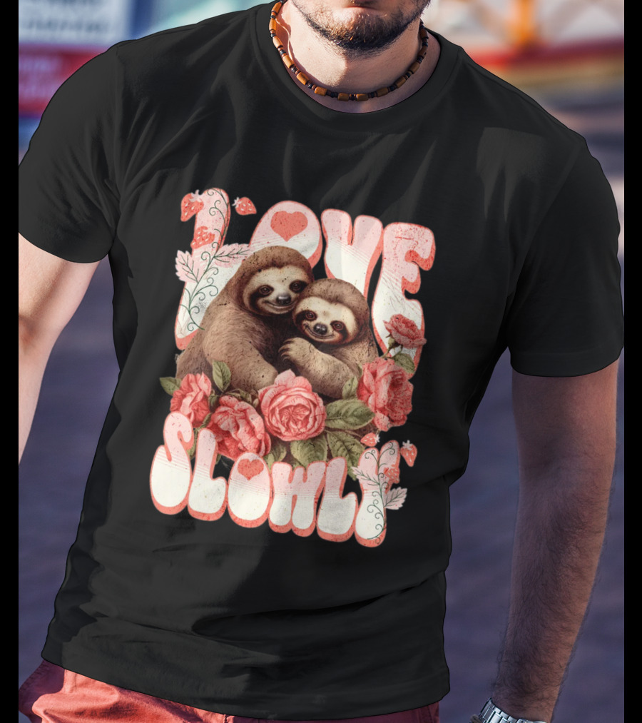 Love Slowly Sloth Couple Romance Valentine Heart Roses T-Shirt