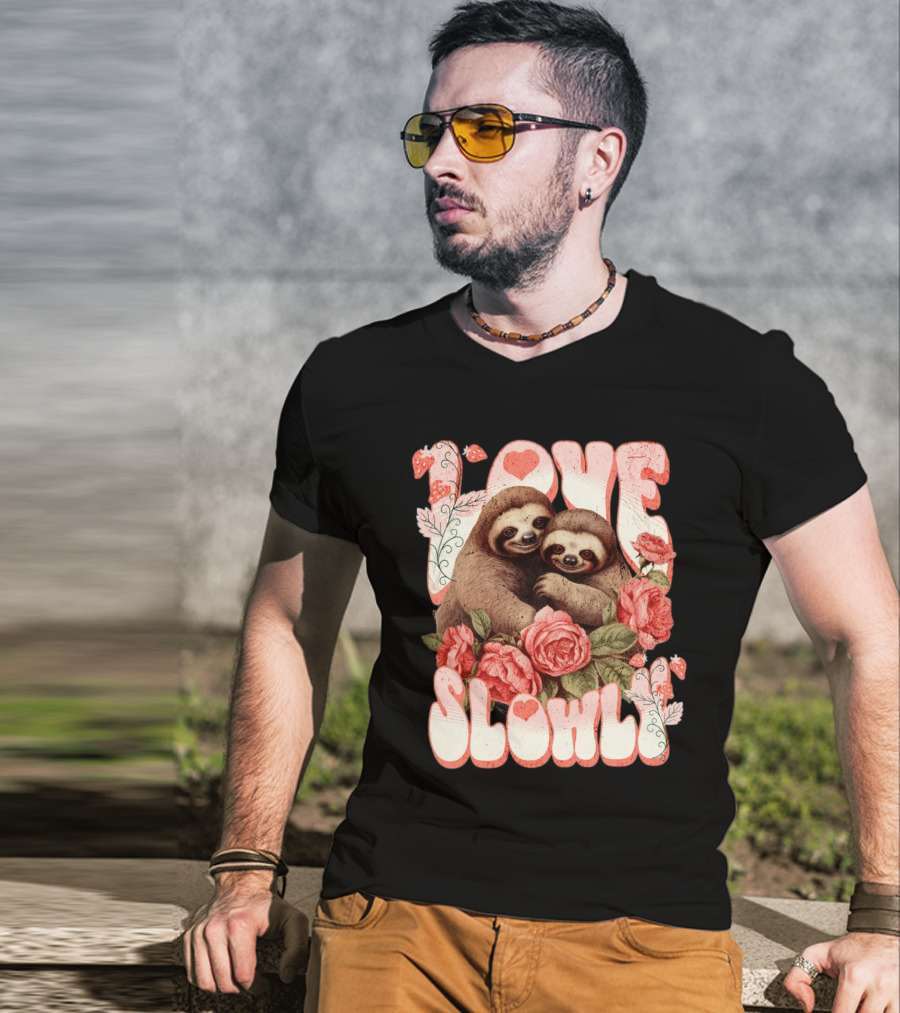 Love Slowly Sloth Couple Romance Valentine Heart Roses T-Shirt