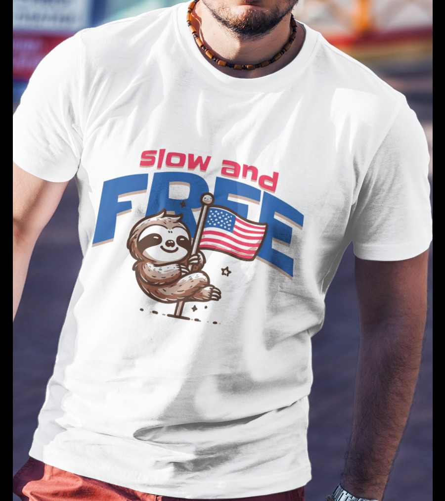 Slow And Free Sloth With American Flag T-Shirt