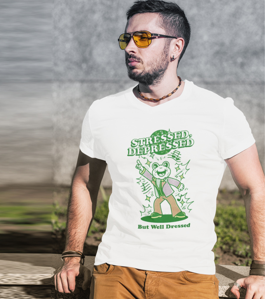 Stressed Depressed But Well Dressed Disco Frog T-Shirt