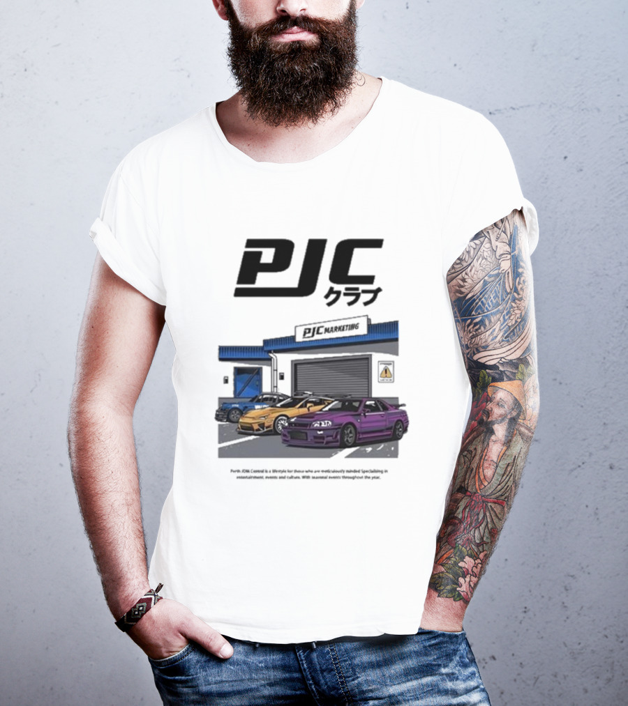 PJC クラブ Perth JDM Central PJC Marketing Garage Cars T-Shirt