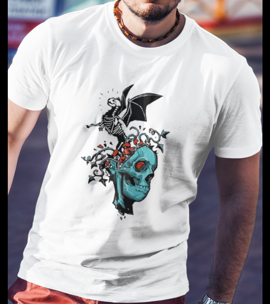 Scott Buoncristiano Skeleton Head With Dragon And Red Accents T-Shirt