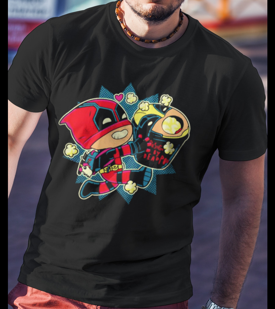 Deadpool Wolverine Pushing By Deadpool Popcorn Buckets Heart T-Shirt