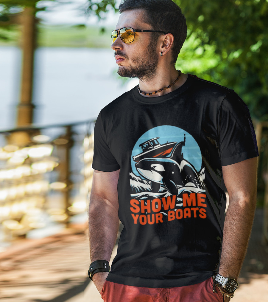 Orca Breaching Waves With Speedboat Show Me Your Boats T-Shirt