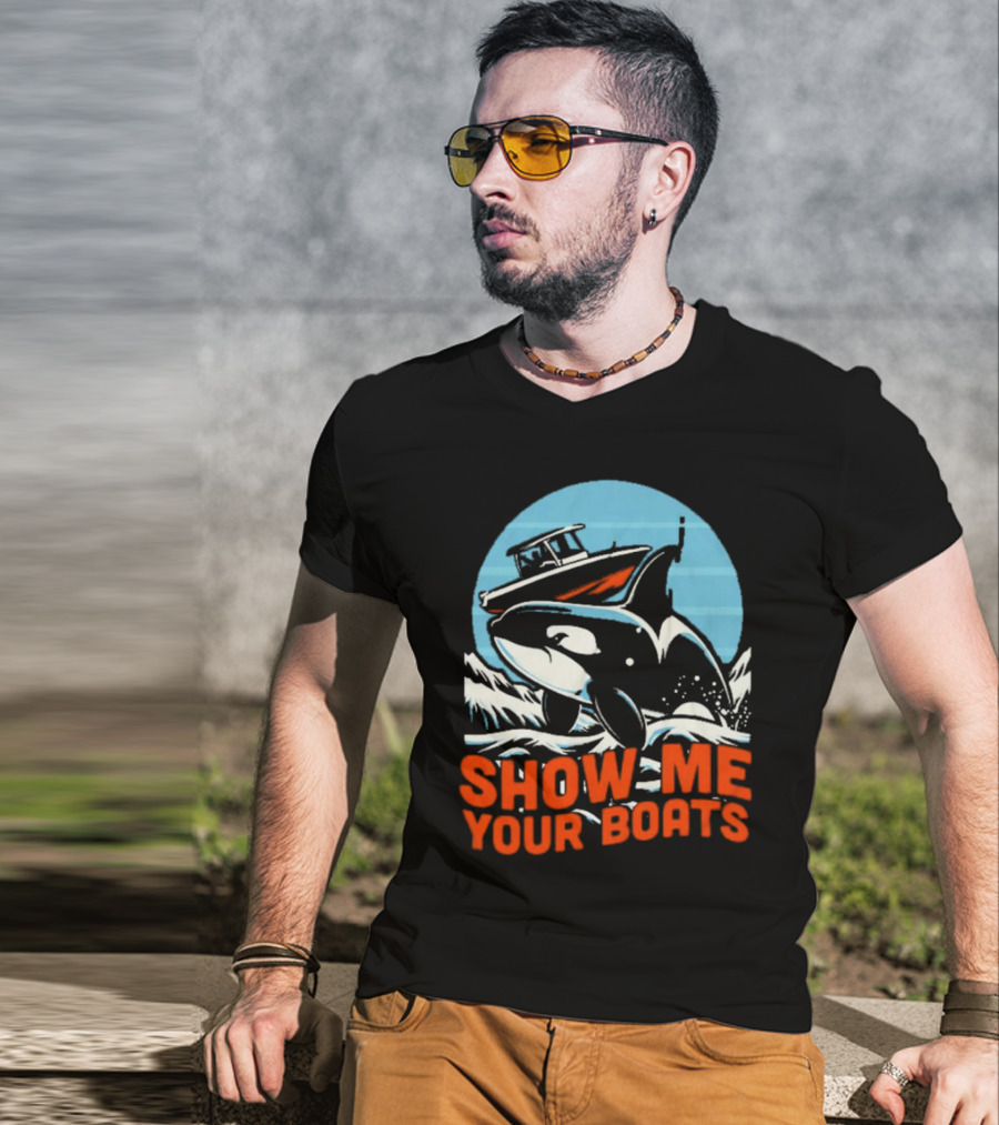 Orca Breaching Waves With Speedboat Show Me Your Boats T-Shirt
