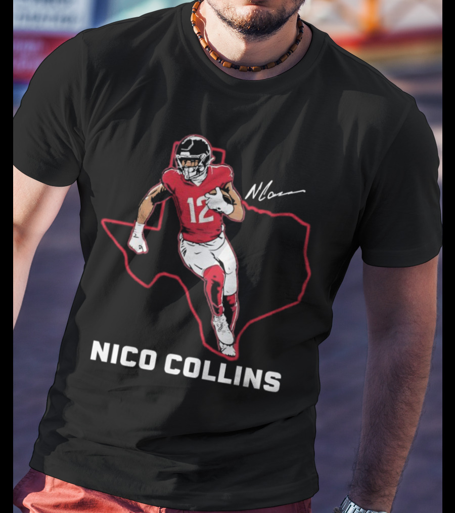 Nico Collins 12 Houston Texans State Outline Signature T-Shirt