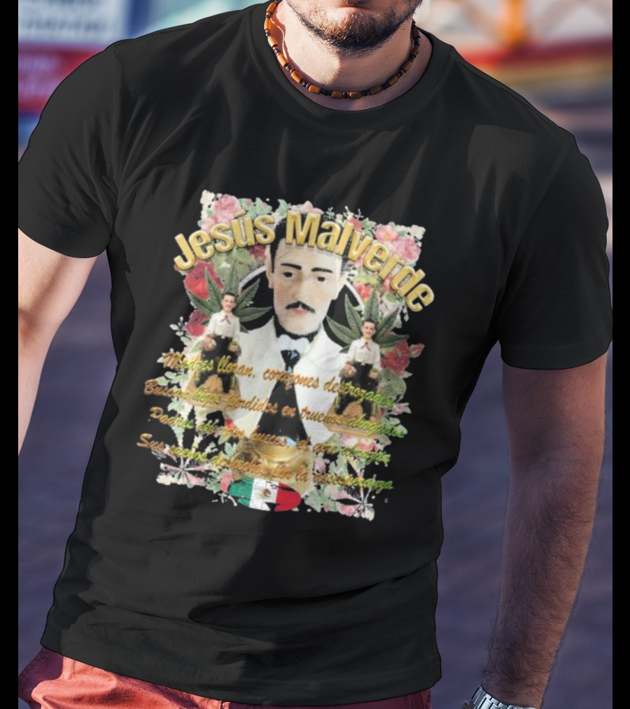 Jesús Malverde Iconic Figure With Flowers And Mexican Flag T-Shirt