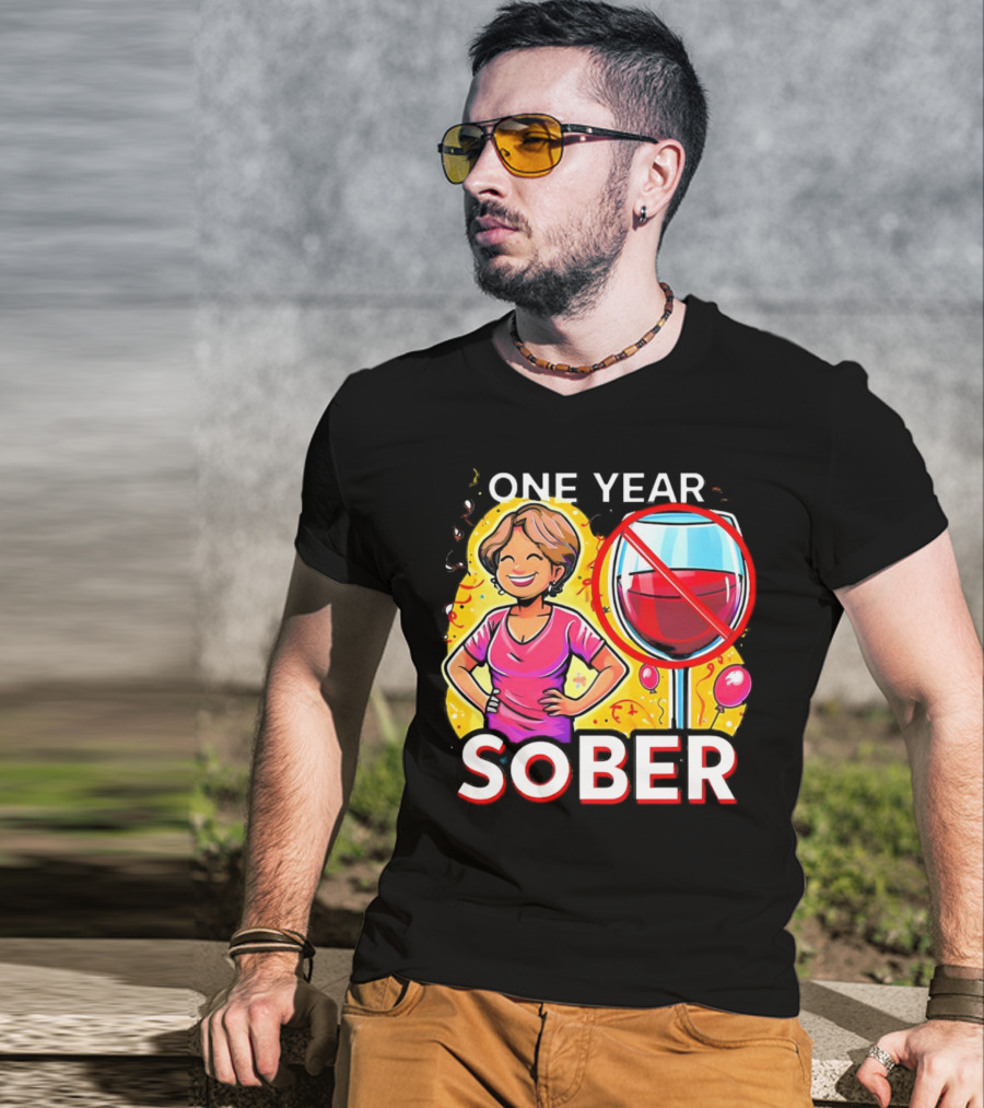 One Year Sober Celebration With Joyful Woman And No Wine T-Shirt