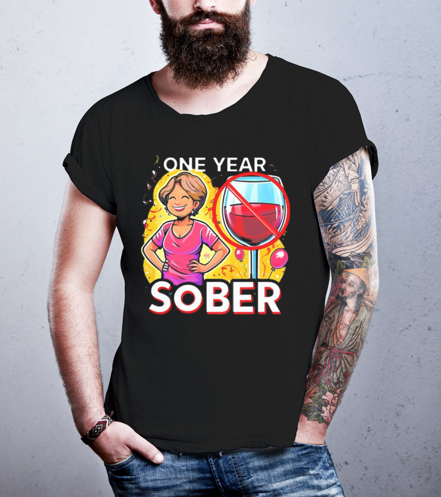 One Year Sober Celebration With Joyful Woman And No Wine T-Shirt