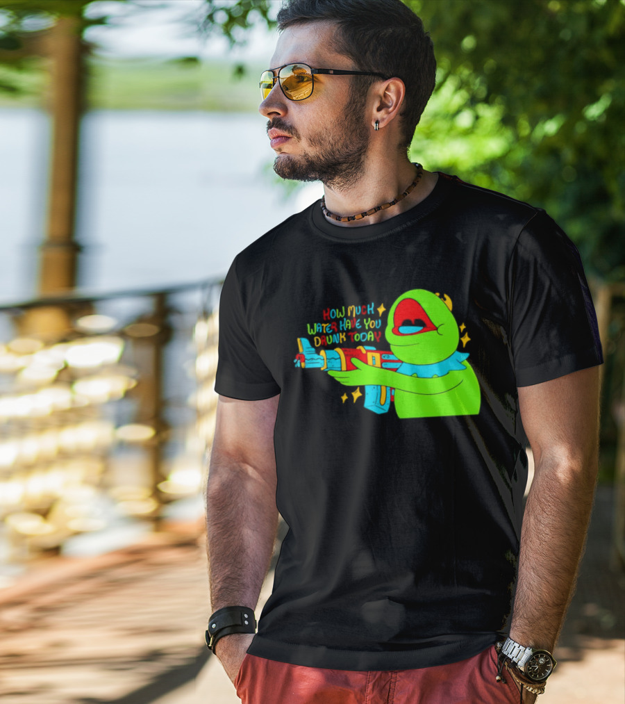 Kermit How Much Water Have You Drunk Today Gun Drawing T-Shirt
