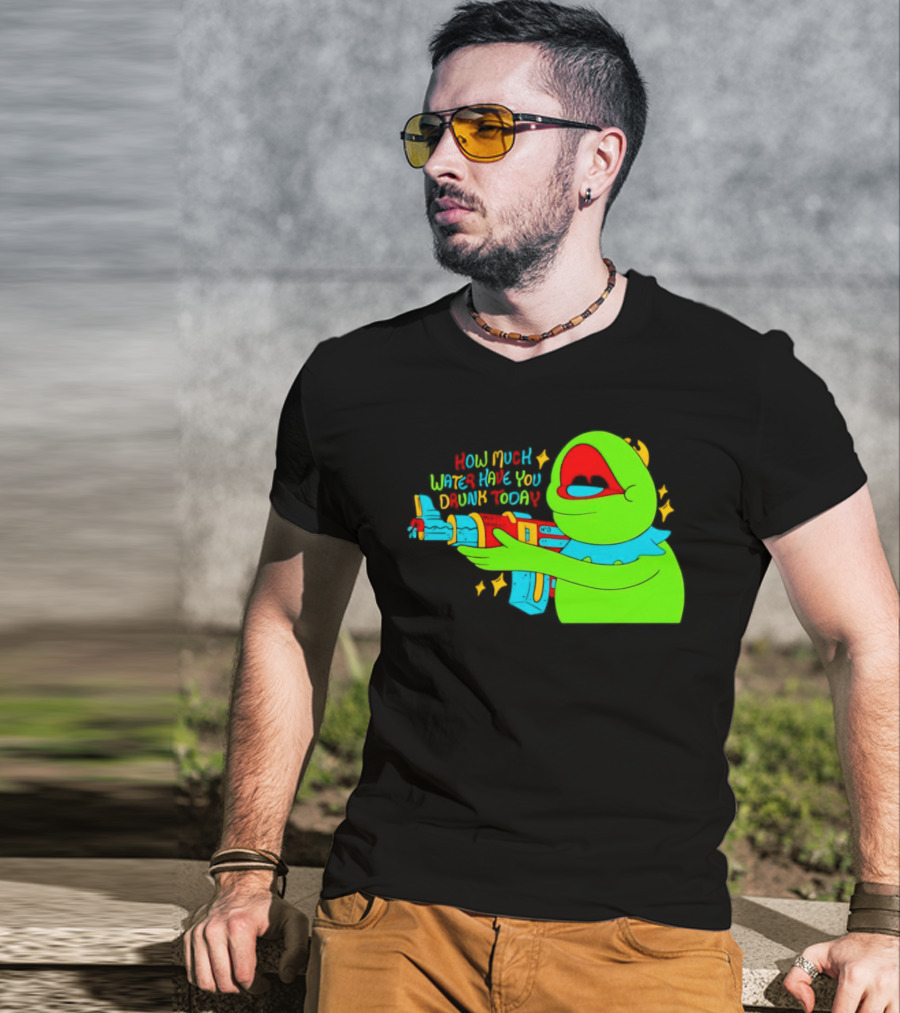 Kermit How Much Water Have You Drunk Today Gun Drawing T-Shirt