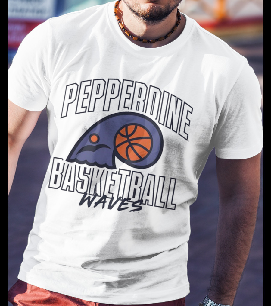 Pepperdine Waves Basketball Logo With Orange Basketball And Wave T-Shirt