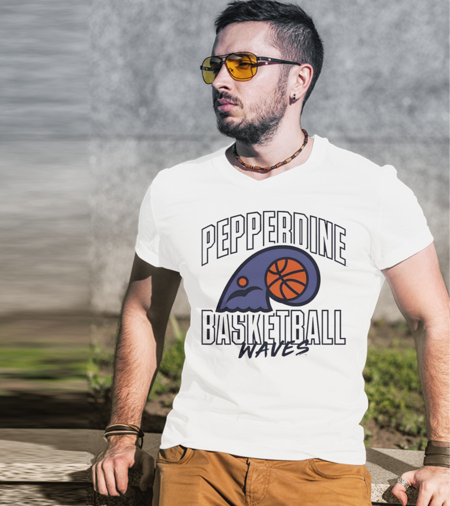 Pepperdine Waves Basketball Logo With Orange Basketball And Wave T-Shirt