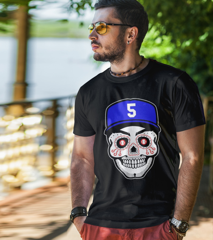 Freddie Freeman Sugar Skull Design Los Angeles Dodgers Number 5 Baseball Cap T-Shirt