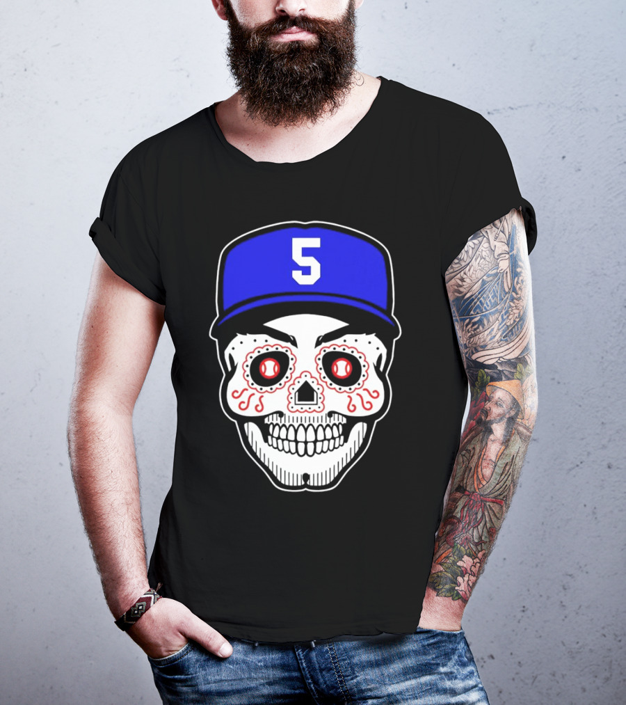Freddie Freeman Sugar Skull Design Los Angeles Dodgers Number 5 Baseball Cap T-Shirt