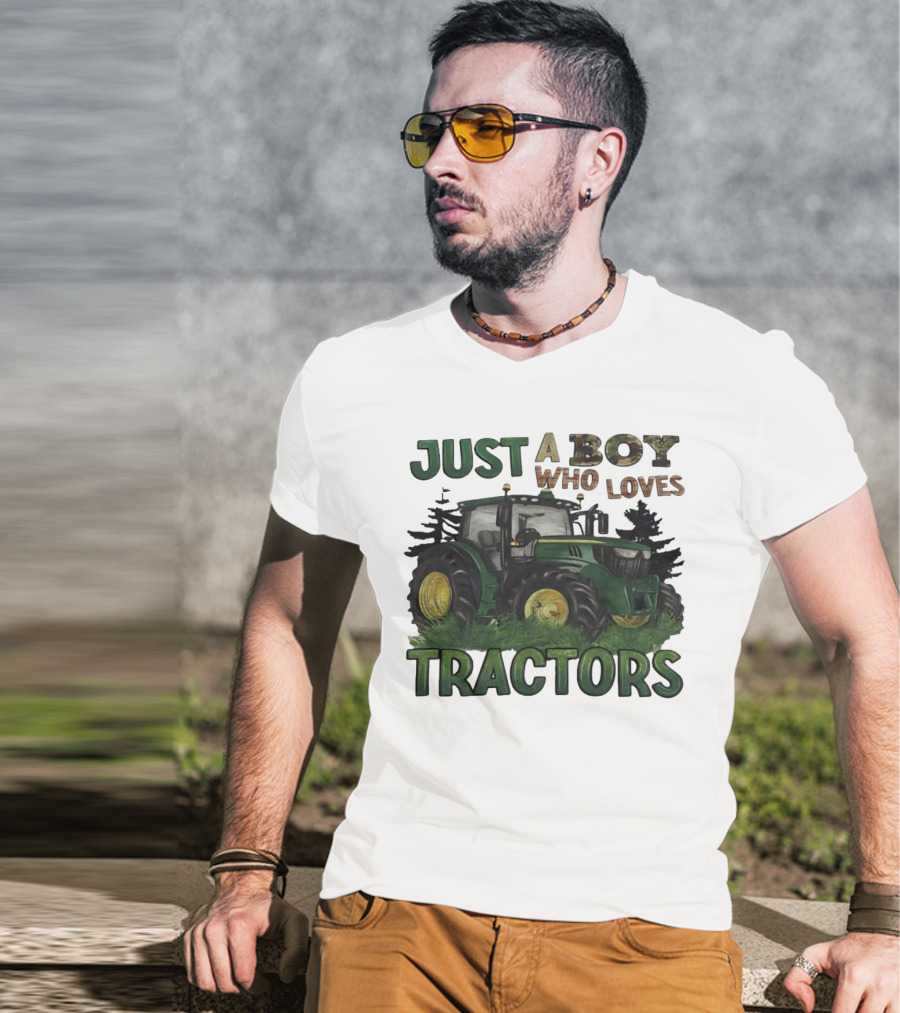 Just A Boy Who Loves Tractors With Green Farm Tractor Image T-Shirt