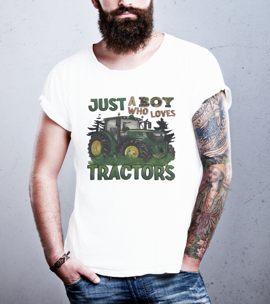 Just A Boy Who Loves Tractors With Green Farm Tractor Image T-Shirt