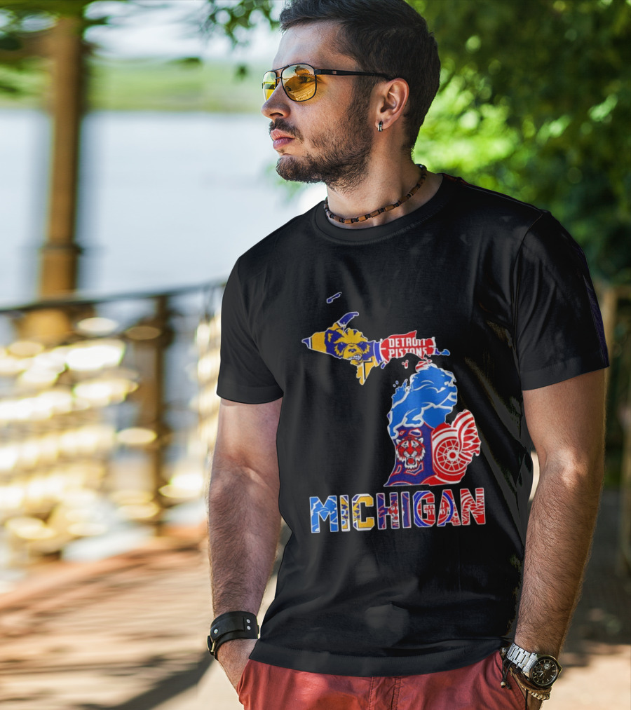 Michigan Sports Teams Logos Map Detroit Pistons Lions Tigers Red Wings T-Shirt