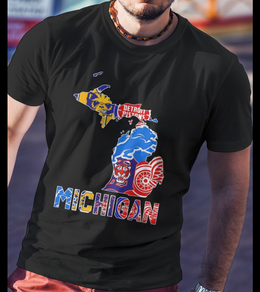 Michigan Sports Teams Logos Map Detroit Pistons Lions Tigers Red Wings T-Shirt