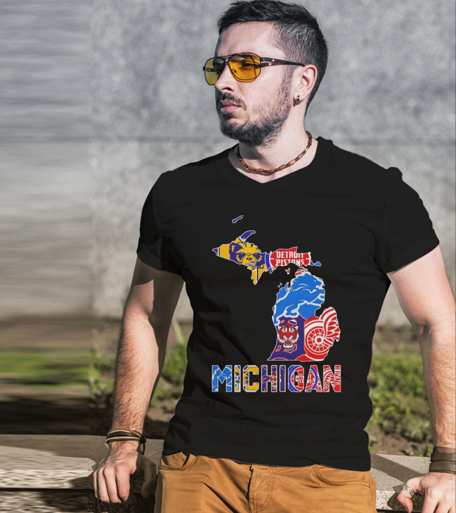 Michigan Sports Teams Logos Map Detroit Pistons Lions Tigers Red Wings T-Shirt