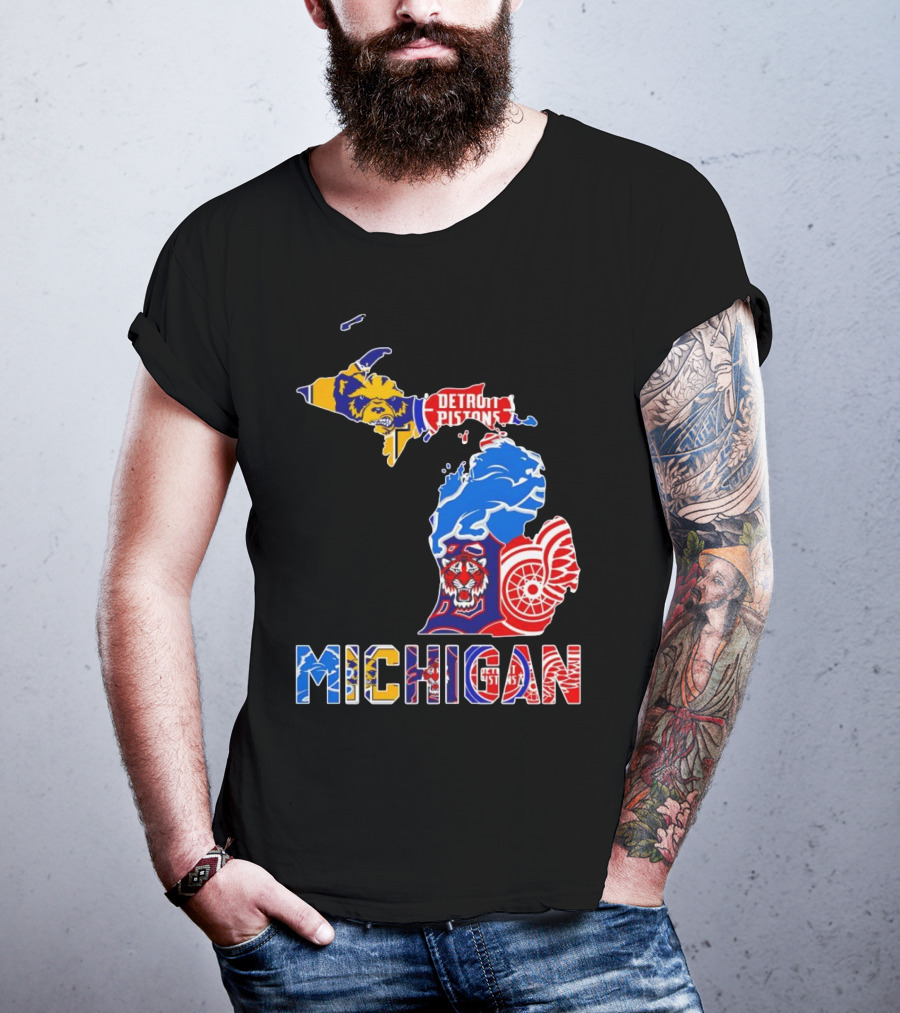 Michigan Sports Teams Logos Map Detroit Pistons Lions Tigers Red Wings T-Shirt